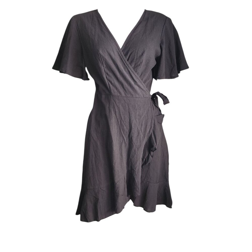 Shein Dress Womens Size L Large Solid Black 100% Cotton Wrap Lightweight Ruffle